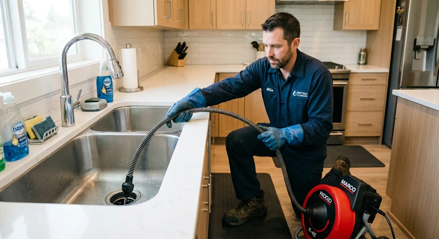 Drain cleaning technician using a motorized snake on a kitchen sink in North Potomac