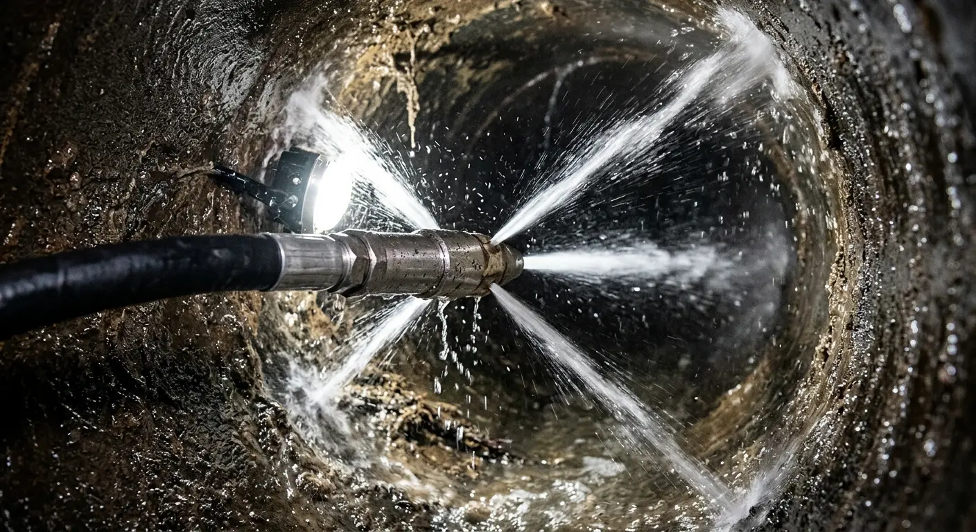 High-pressure hydro jetting nozzle cleaning sewer pipe for Sewer Cleanout in North Potomac