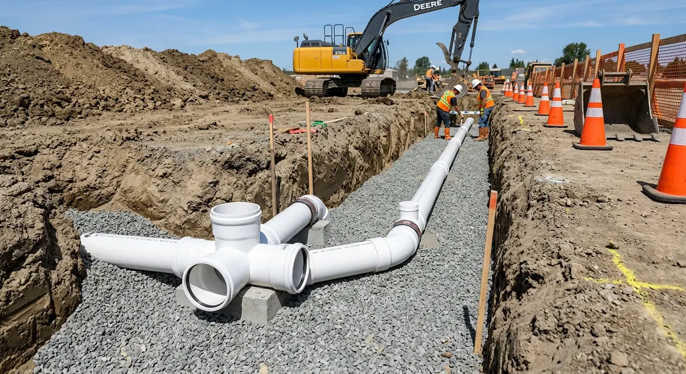 New PVC sewer pipe installation in open trench for Sewer Backup in North Potomac