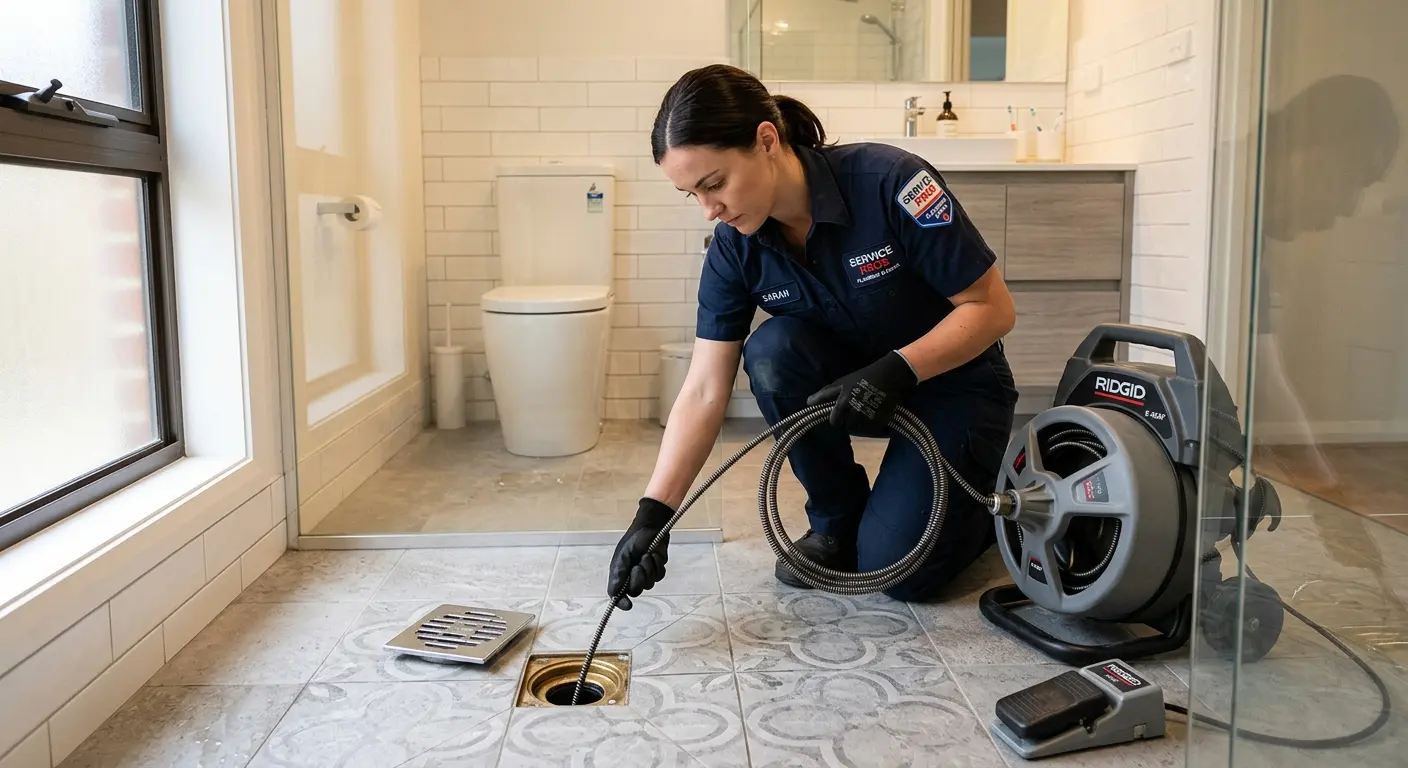 Technician clearing a bathroom floor drain for Drain Cleaning in North Potomac
